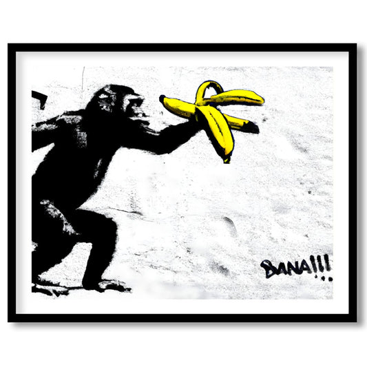 This striking piece features a playful primate interacting with bright yellow bananas, set against for residence