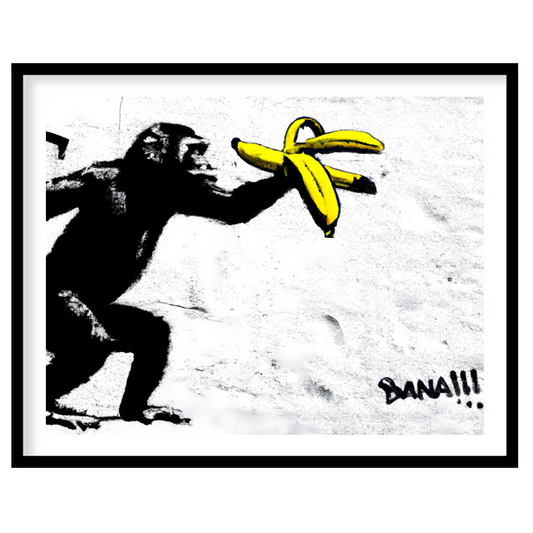 This striking piece features a playful primate interacting with bright yellow bananas, set against for residence