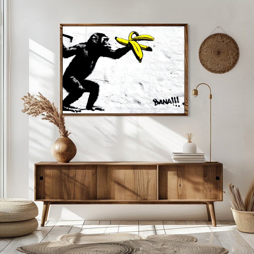 This striking piece features a playful primate interacting with bright yellow bananas, set against for Sitting Area