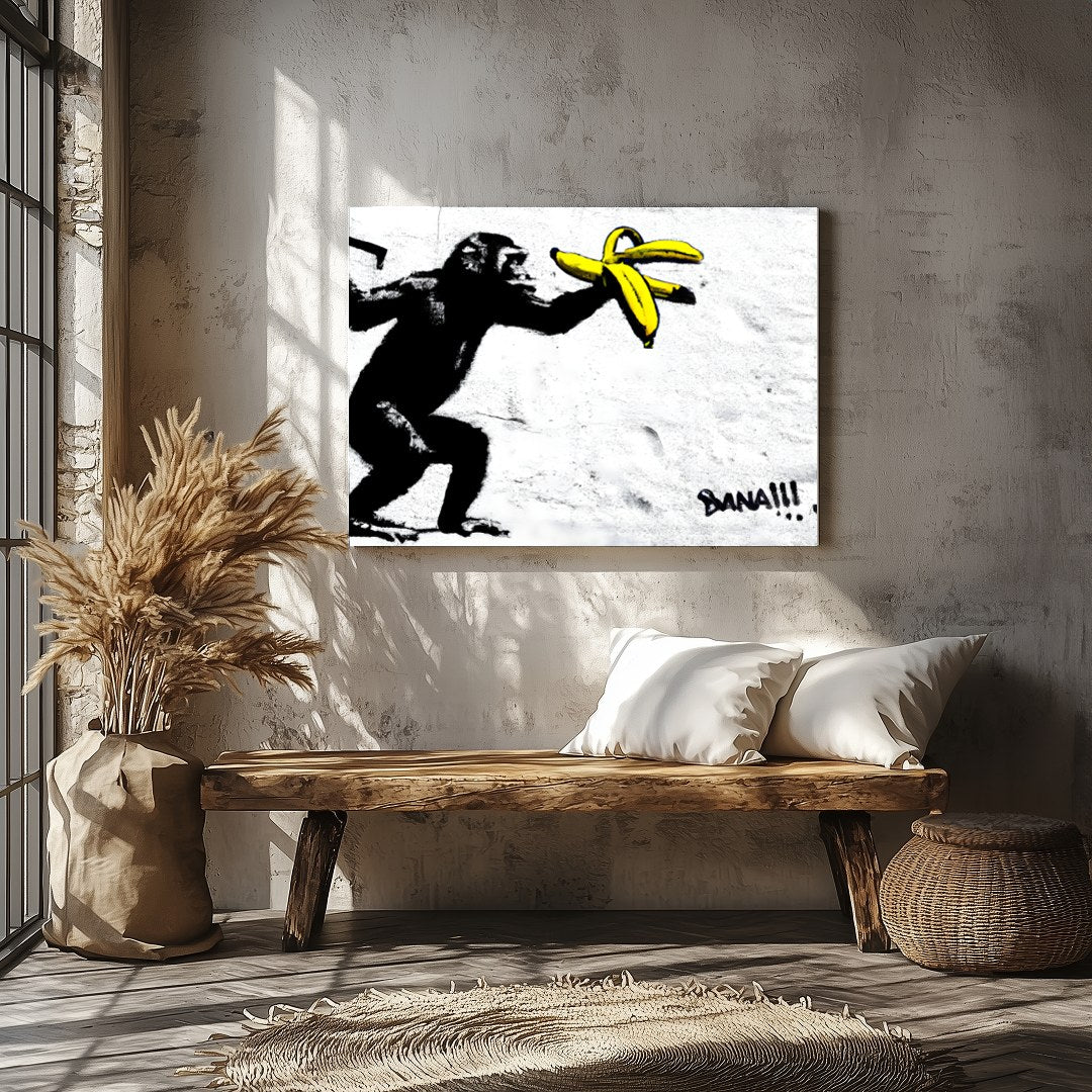 This striking piece features a playful primate interacting with bright yellow bananas, set against for Veranda