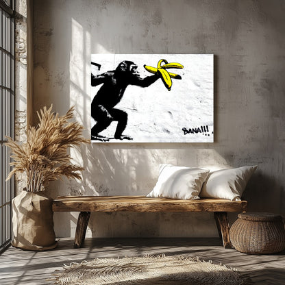 This striking piece features a playful primate interacting with bright yellow bananas, set against for Veranda