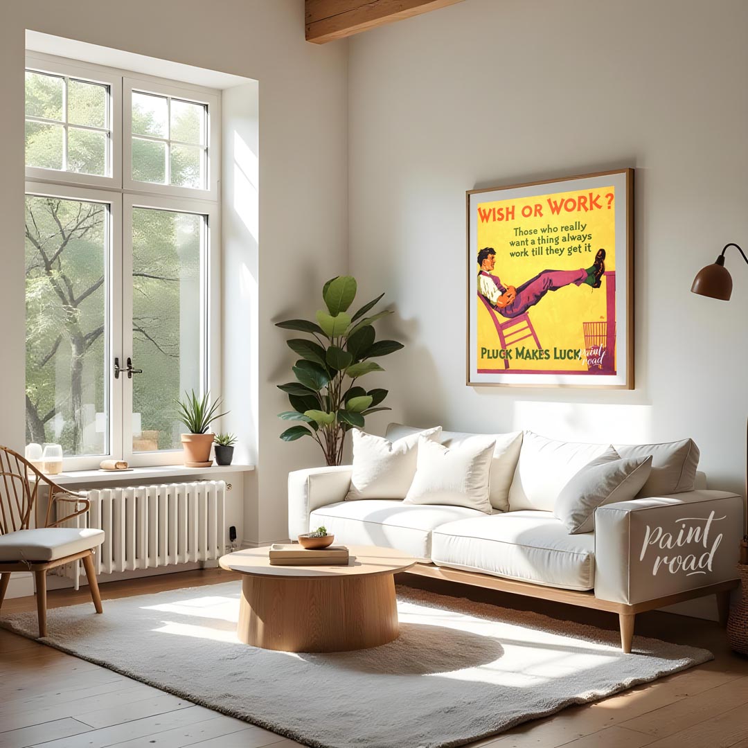 This motivational poster features the bold text "WISH OR WORK?" followed by the empowering message,… for living room