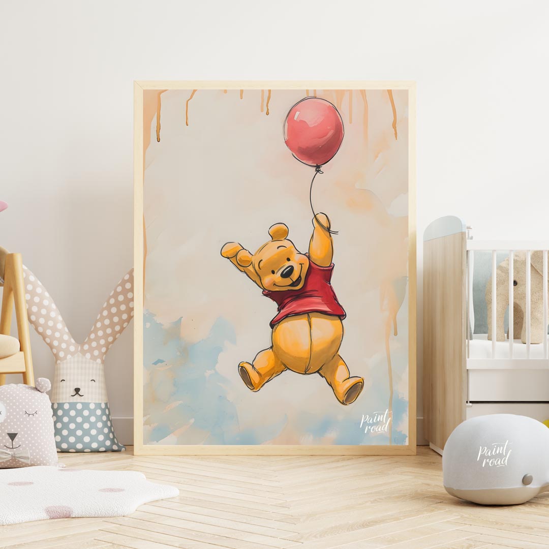 A lively and endearing illustration depicts Winnie the Pooh, the beloved character, soaring through… for nursery