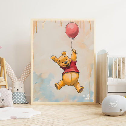 A lively and endearing illustration depicts Winnie the Pooh, the beloved character, soaring through… for nursery