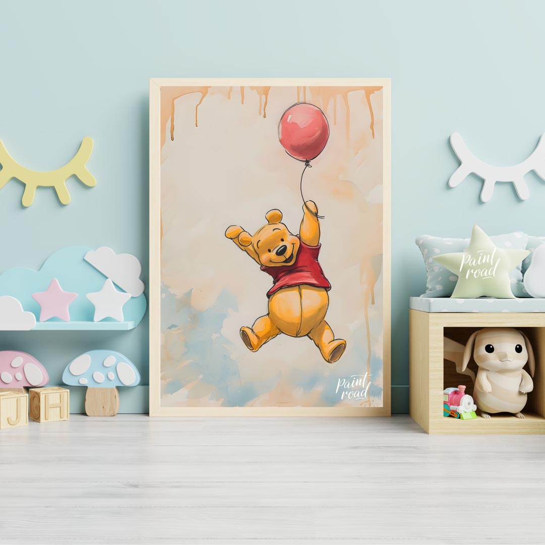 A lively and endearing illustration depicts Winnie the Pooh, the beloved character, soaring through… for nursery