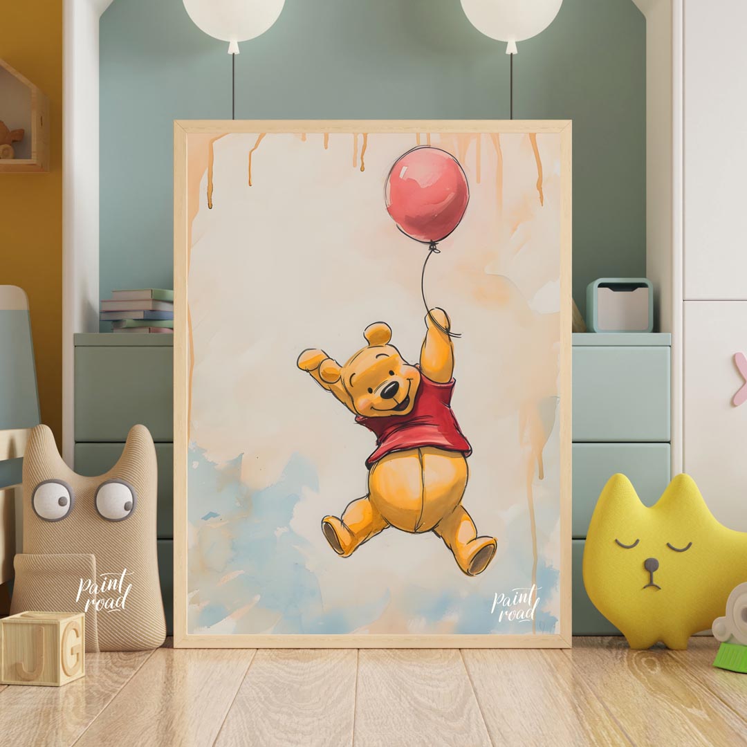 A lively and endearing illustration depicts Winnie the Pooh, the beloved character, soaring through… for nursery