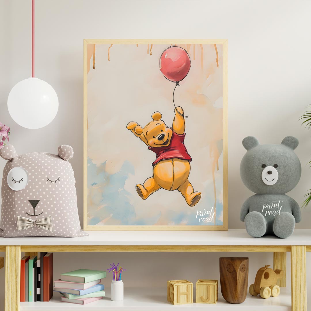 A lively and endearing illustration depicts Winnie the Pooh, the beloved character, soaring through… for nursery