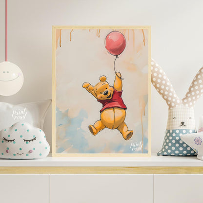 A lively and endearing illustration depicts Winnie the Pooh, the beloved character, soaring through… for nursery