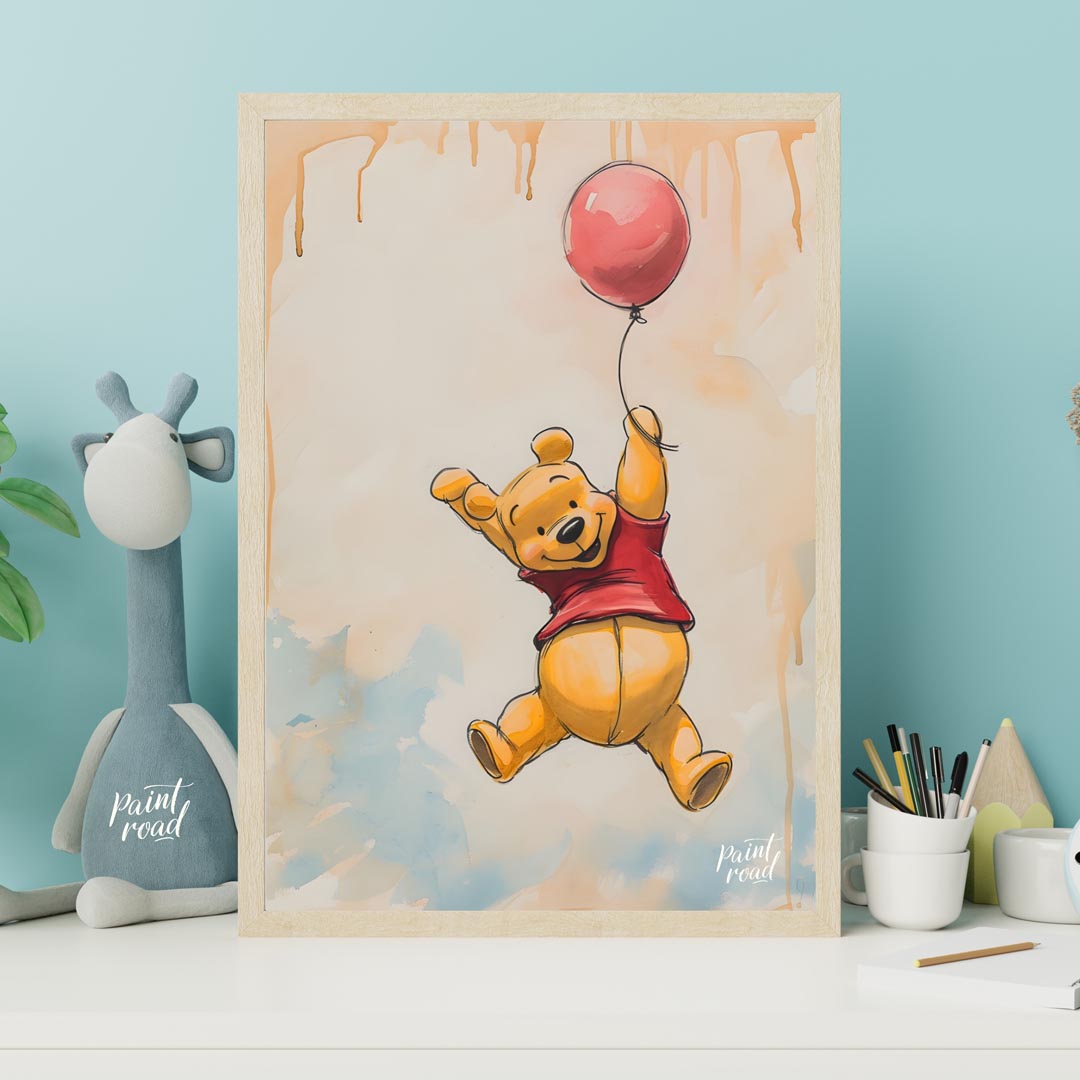 A lively and endearing illustration depicts Winnie the Pooh, the beloved character, soaring through… for nursery