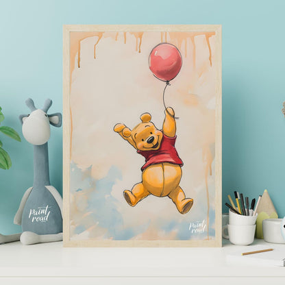 A lively and endearing illustration depicts Winnie the Pooh, the beloved character, soaring through… for nursery