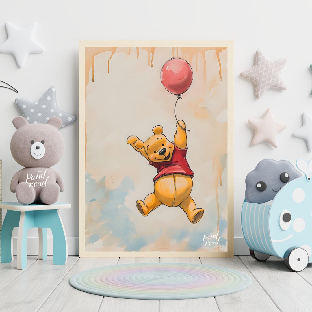A lively and endearing illustration depicts Winnie the Pooh, the beloved character, soaring through… for nursery