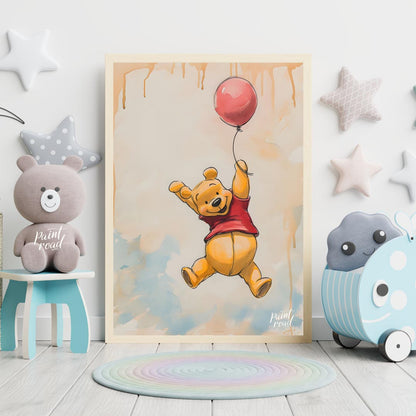 A lively and endearing illustration depicts Winnie the Pooh, the beloved character, soaring through… for nursery