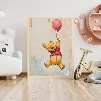 A lively and endearing illustration depicts Winnie the Pooh, the beloved character, soaring through… for nursery