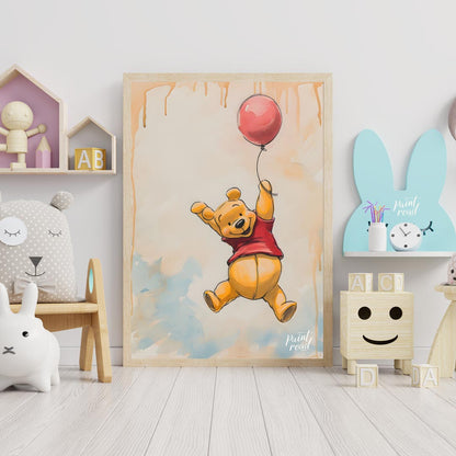 A lively and endearing illustration depicts Winnie the Pooh, the beloved character, soaring through… for nursery