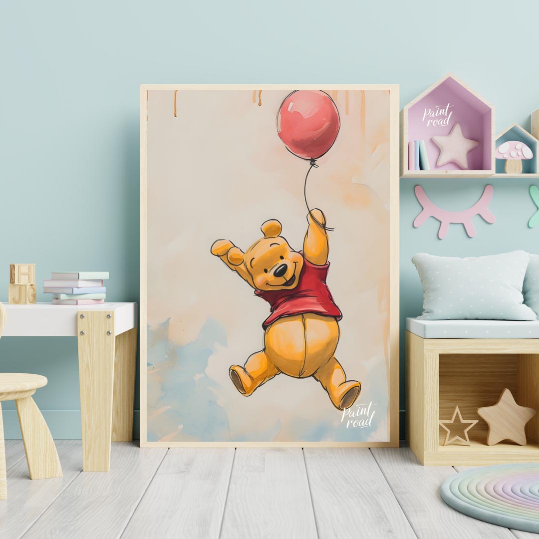 A lively and endearing illustration depicts Winnie the Pooh, the beloved character, soaring through… for nursery