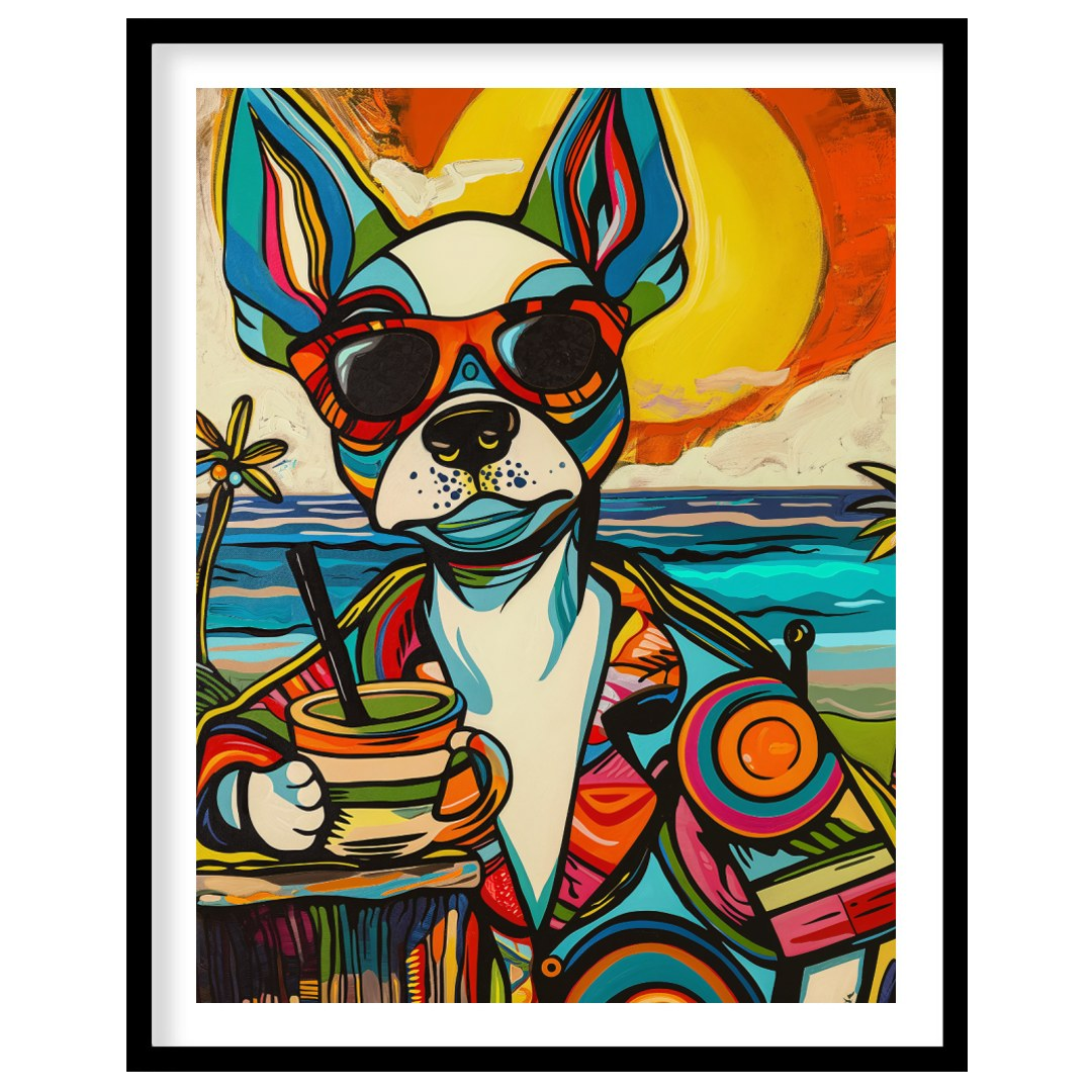 This vibrant and expressive painting features a charismatic chihuahua dressed in a suit and sunglas… for place
