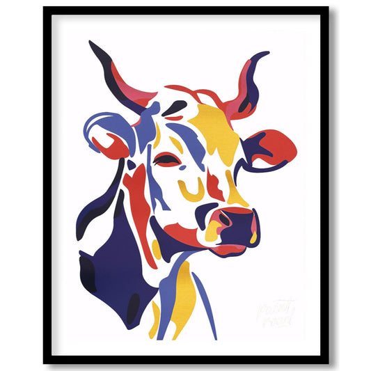 This vibrant and captivating artwork presents a striking close-up portrait of a cow's head, rendere… for living-space
