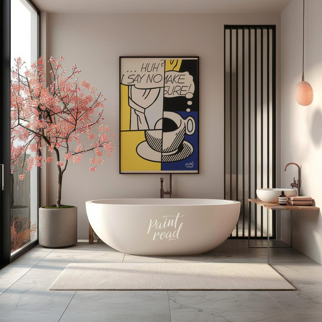 This iconic Pop Art piece by Roy Lichtenstein, titled “Huh?” from 1976, features his signature Ben-… for bathroom