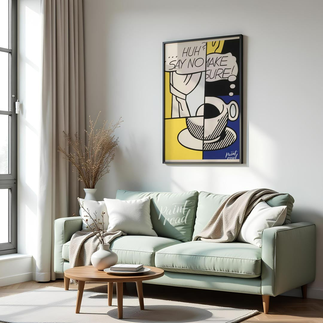 This iconic Pop Art piece by Roy Lichtenstein, titled “Huh?” from 1976, features his signature Ben-… for living room