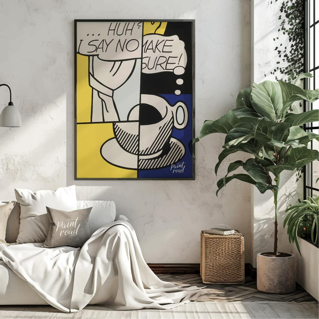 This iconic Pop Art piece by Roy Lichtenstein, titled “Huh?” from 1976, features his signature Ben-… for living room