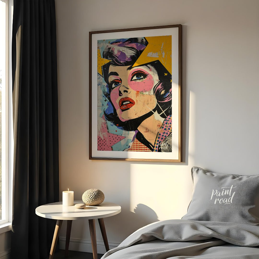 "Pop Fragment" presents a dynamic portrait in a pop art style, featuring a woman's face rendered wi… for bedroom