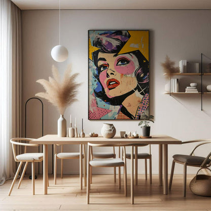"Pop Fragment" presents a dynamic portrait in a pop art style, featuring a woman's face rendered wi… for dining room