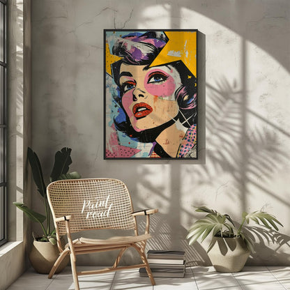 "Pop Fragment" presents a dynamic portrait in a pop art style, featuring a woman's face rendered wi… for living room