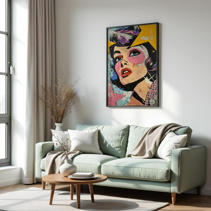 "Pop Fragment" presents a dynamic portrait in a pop art style, featuring a woman's face rendered wi… for living room