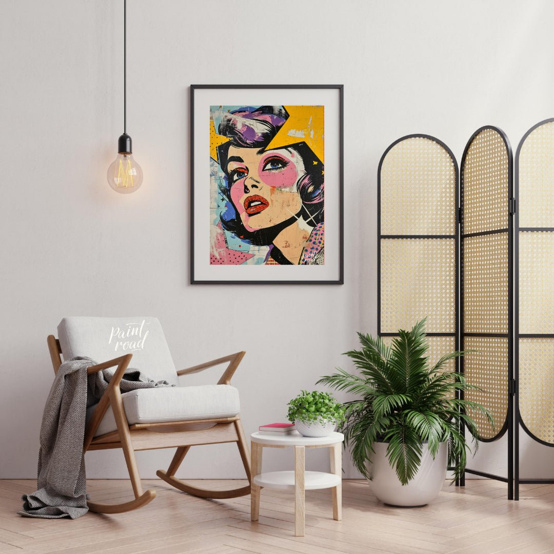 "Pop Fragment" presents a dynamic portrait in a pop art style, featuring a woman's face rendered wi… for living room