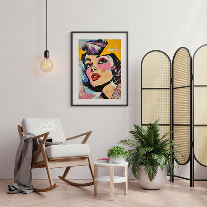 "Pop Fragment" presents a dynamic portrait in a pop art style, featuring a woman's face rendered wi… for living room