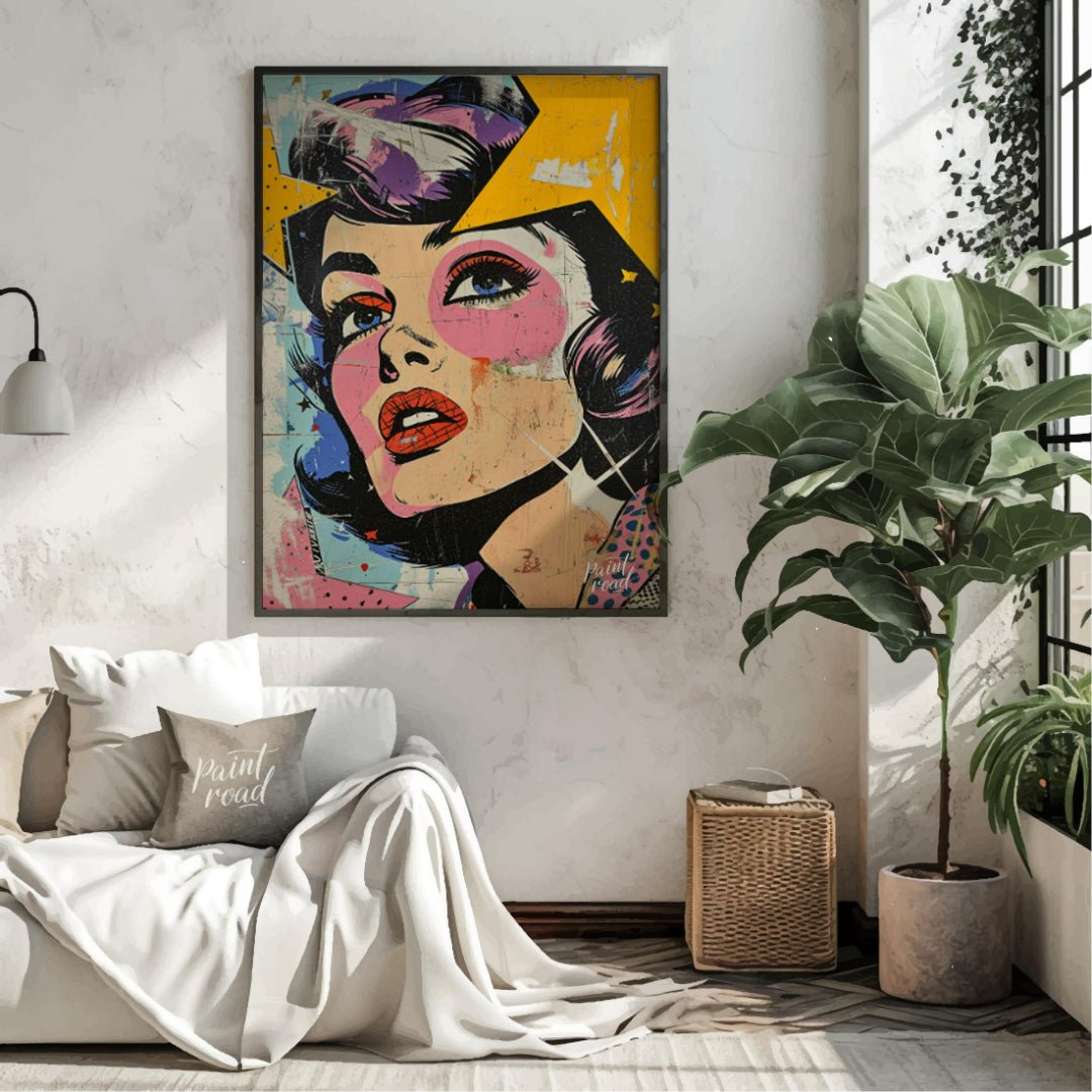"Pop Fragment" presents a dynamic portrait in a pop art style, featuring a woman's face rendered wi… for living room