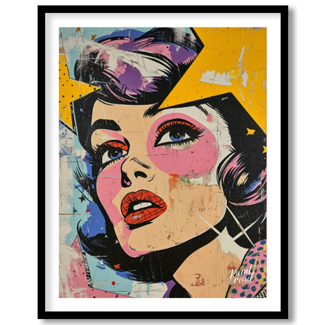 "Pop Fragment" presents a dynamic portrait in a pop art style, featuring a woman's face rendered wi… for room