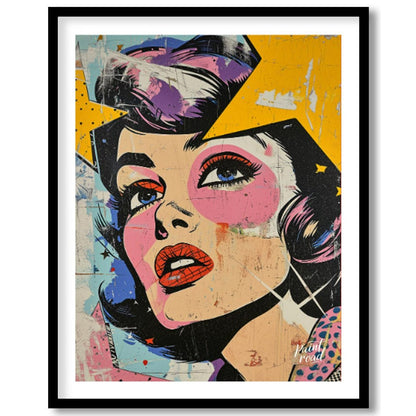 "Pop Fragment" presents a dynamic portrait in a pop art style, featuring a woman's face rendered wi… for room