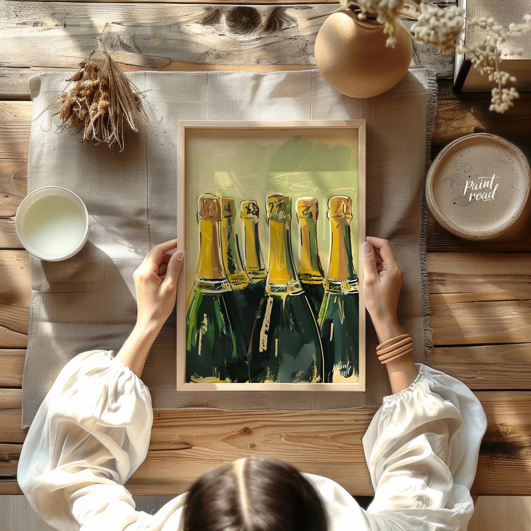 A vibrant and dynamic painting capturing the allure of a champagne celebration. The artist uses exp… for dining room