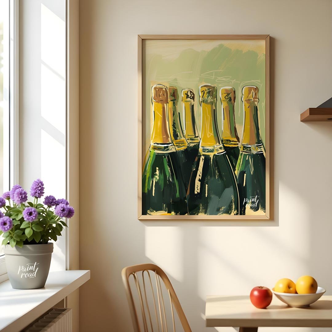 A vibrant and dynamic painting capturing the allure of a champagne celebration. The artist uses exp… for dining room