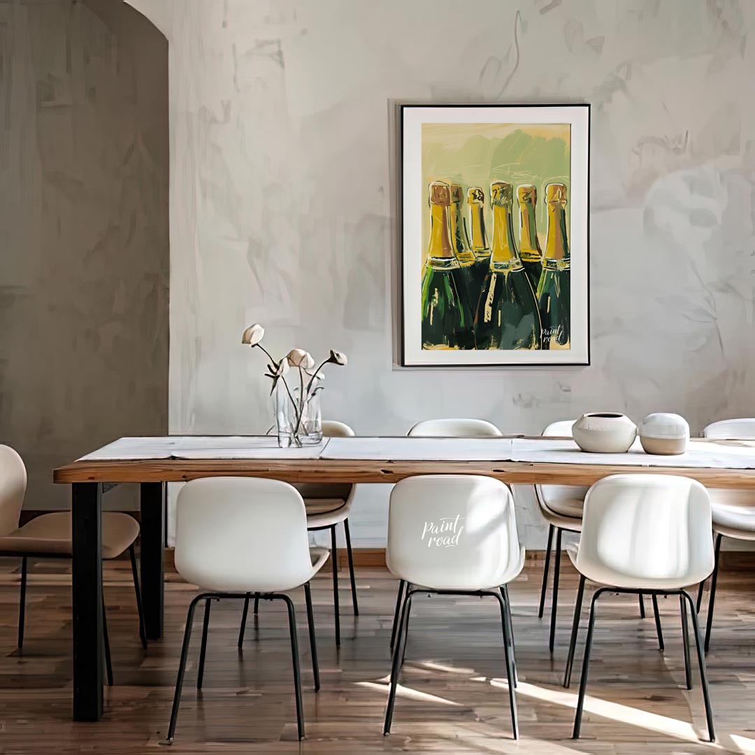 A vibrant and dynamic painting capturing the allure of a champagne celebration. The artist uses exp… for dining room