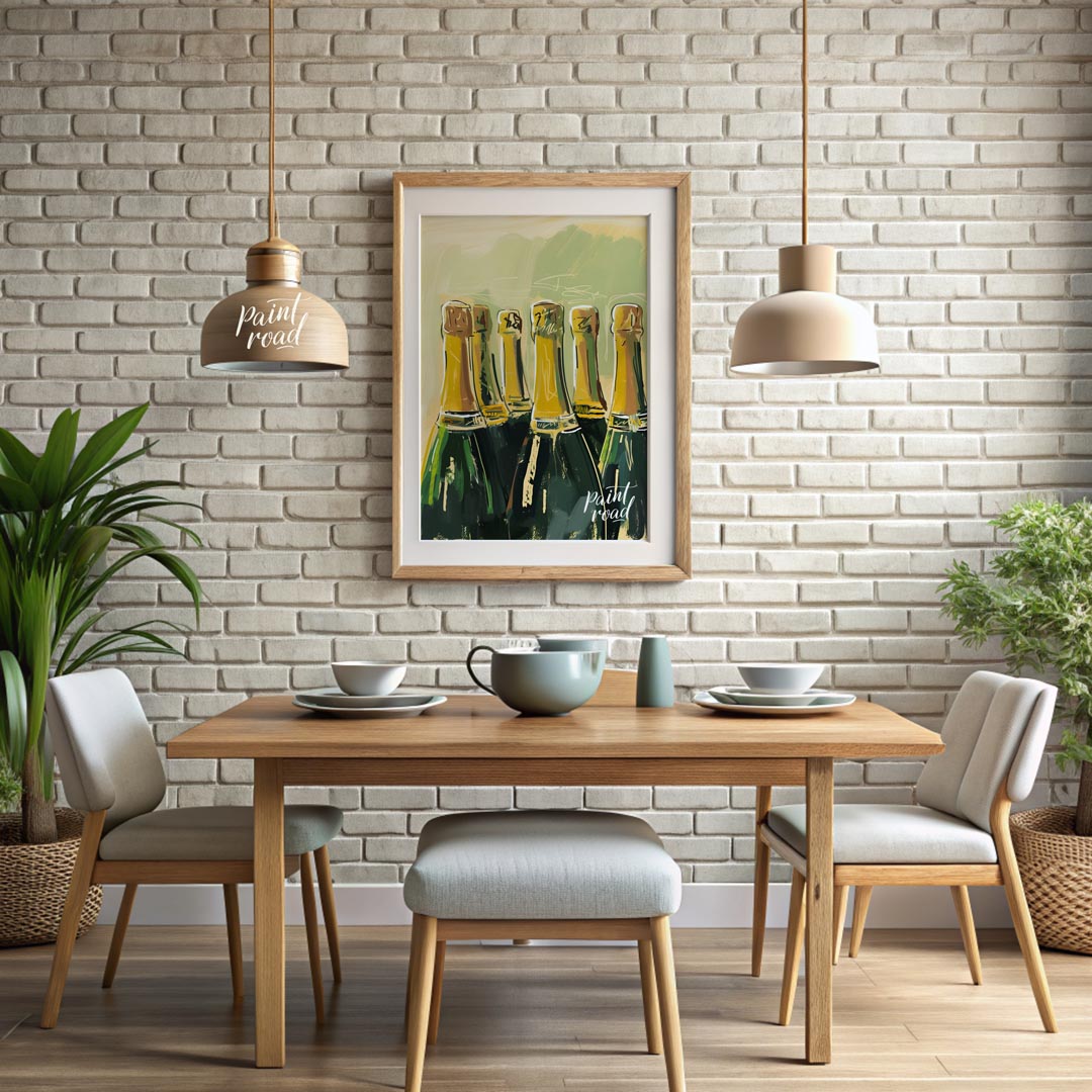 A vibrant and dynamic painting capturing the allure of a champagne celebration. The artist uses exp… for dining room