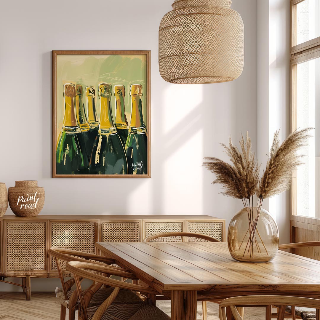 A vibrant and dynamic painting capturing the allure of a champagne celebration. The artist uses exp… for dining room