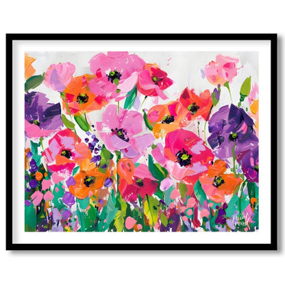 This vibrant painting bursts with a profusion of stylized poppies in a riot of color. The artist em… for area