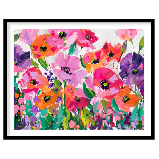 This vibrant painting bursts with a profusion of stylized poppies in a riot of color. The artist em… for area