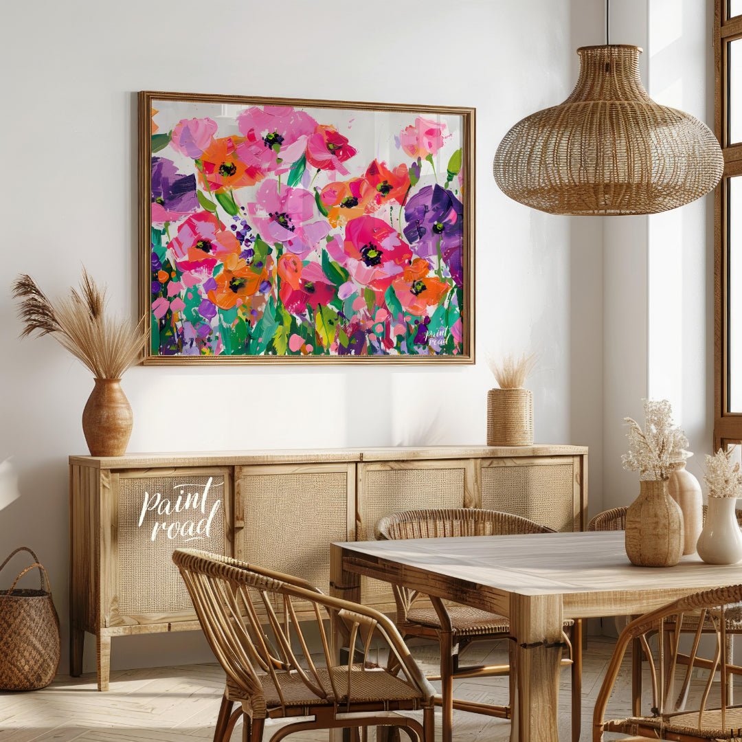 This vibrant painting bursts with a profusion of stylized poppies in a riot of color. The artist em… for dining room