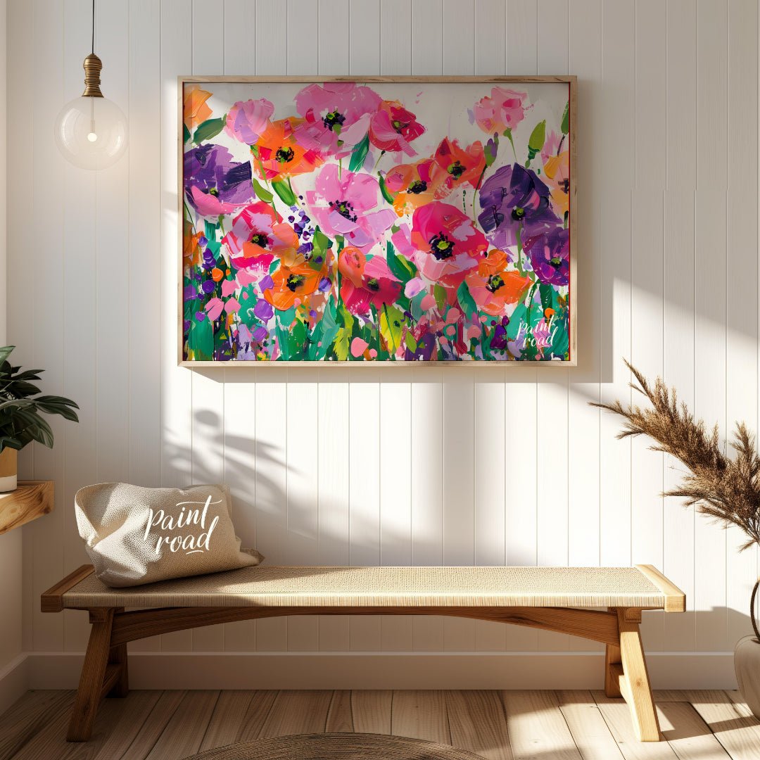 This vibrant painting bursts with a profusion of stylized poppies in a riot of color. The artist em… for entryway