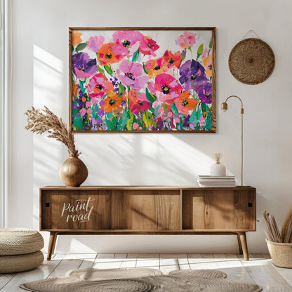 This vibrant painting bursts with a profusion of stylized poppies in a riot of color. The artist em… for living room