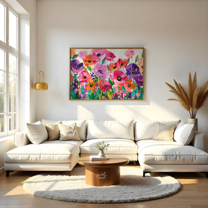 This vibrant painting bursts with a profusion of stylized poppies in a riot of color. The artist em… for living room