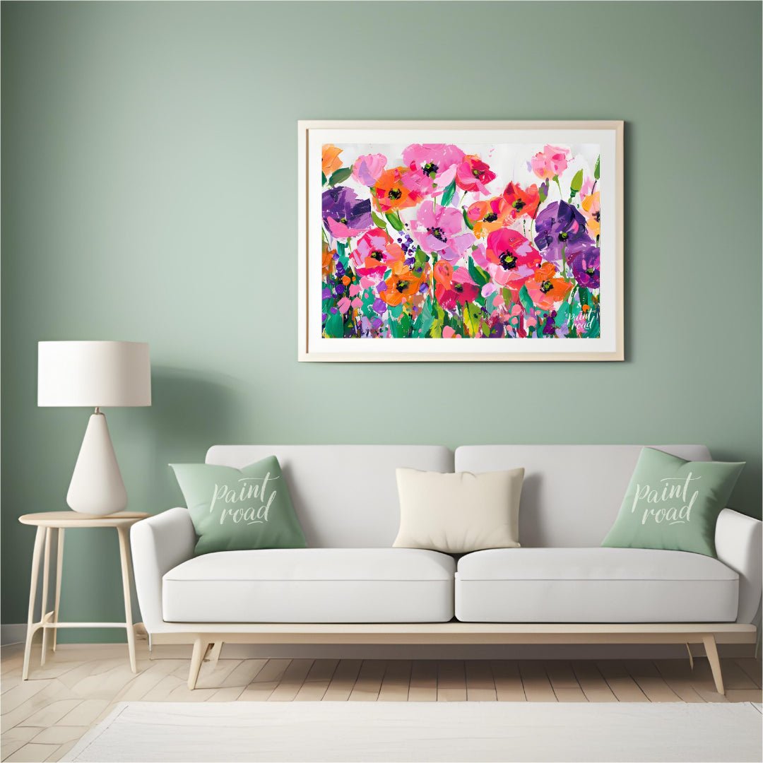 This vibrant painting bursts with a profusion of stylized poppies in a riot of color. The artist em… for living room