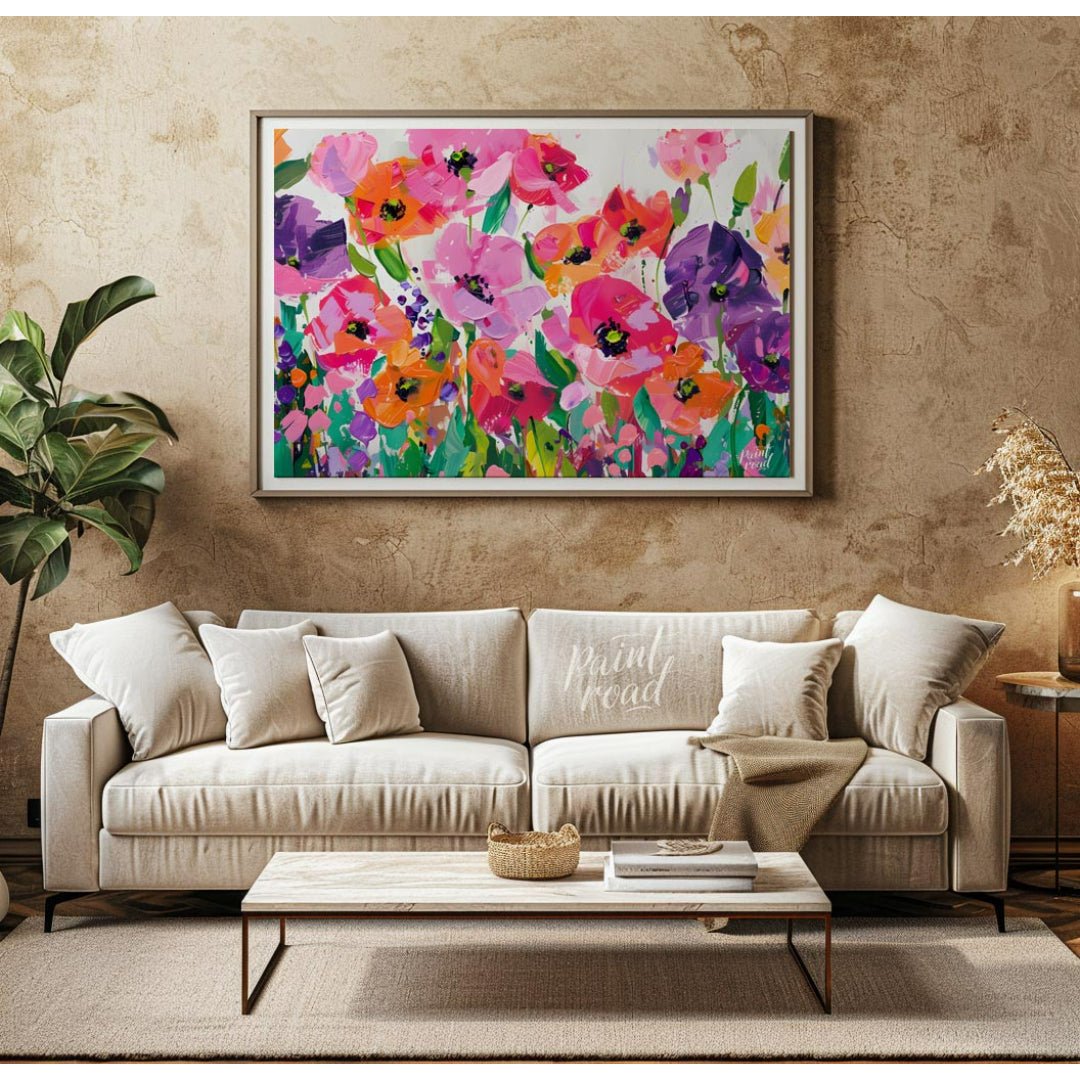 This vibrant painting bursts with a profusion of stylized poppies in a riot of color. The artist em… for living room