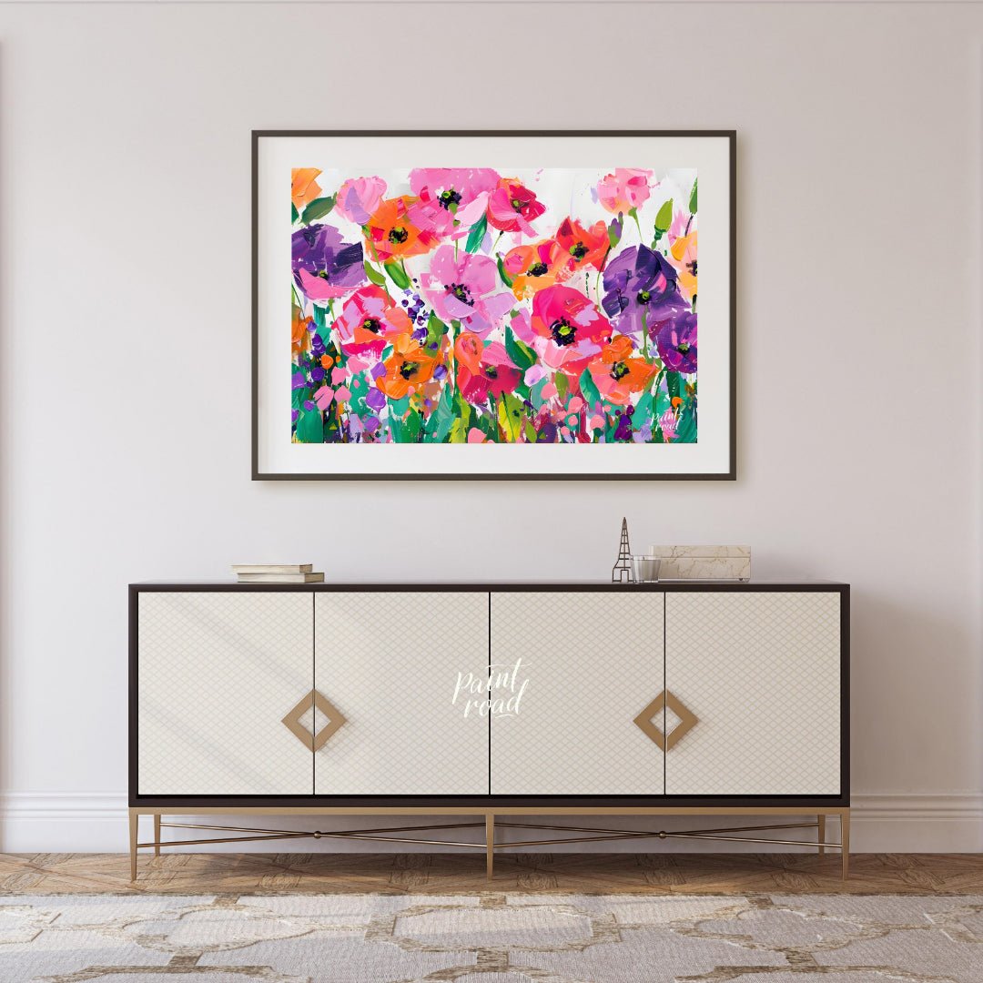 This vibrant painting bursts with a profusion of stylized poppies in a riot of color. The artist em… for living room
