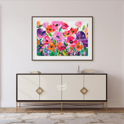 This vibrant painting bursts with a profusion of stylized poppies in a riot of color. The artist em… for living room