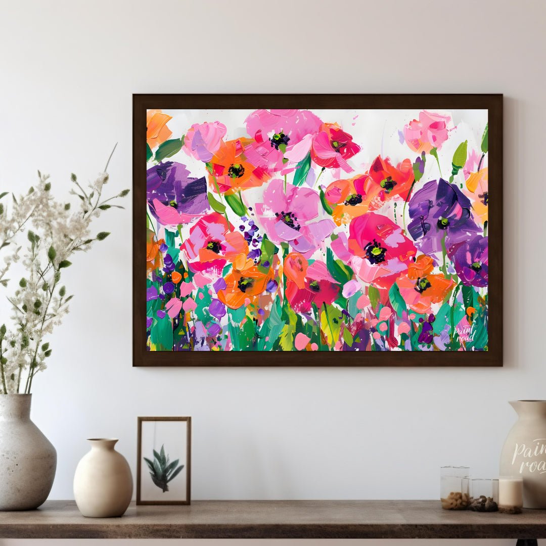 This vibrant painting bursts with a profusion of stylized poppies in a riot of color. The artist em… for living room