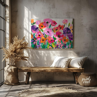 This vibrant painting bursts with a profusion of stylized poppies in a riot of color. The artist em… for living room